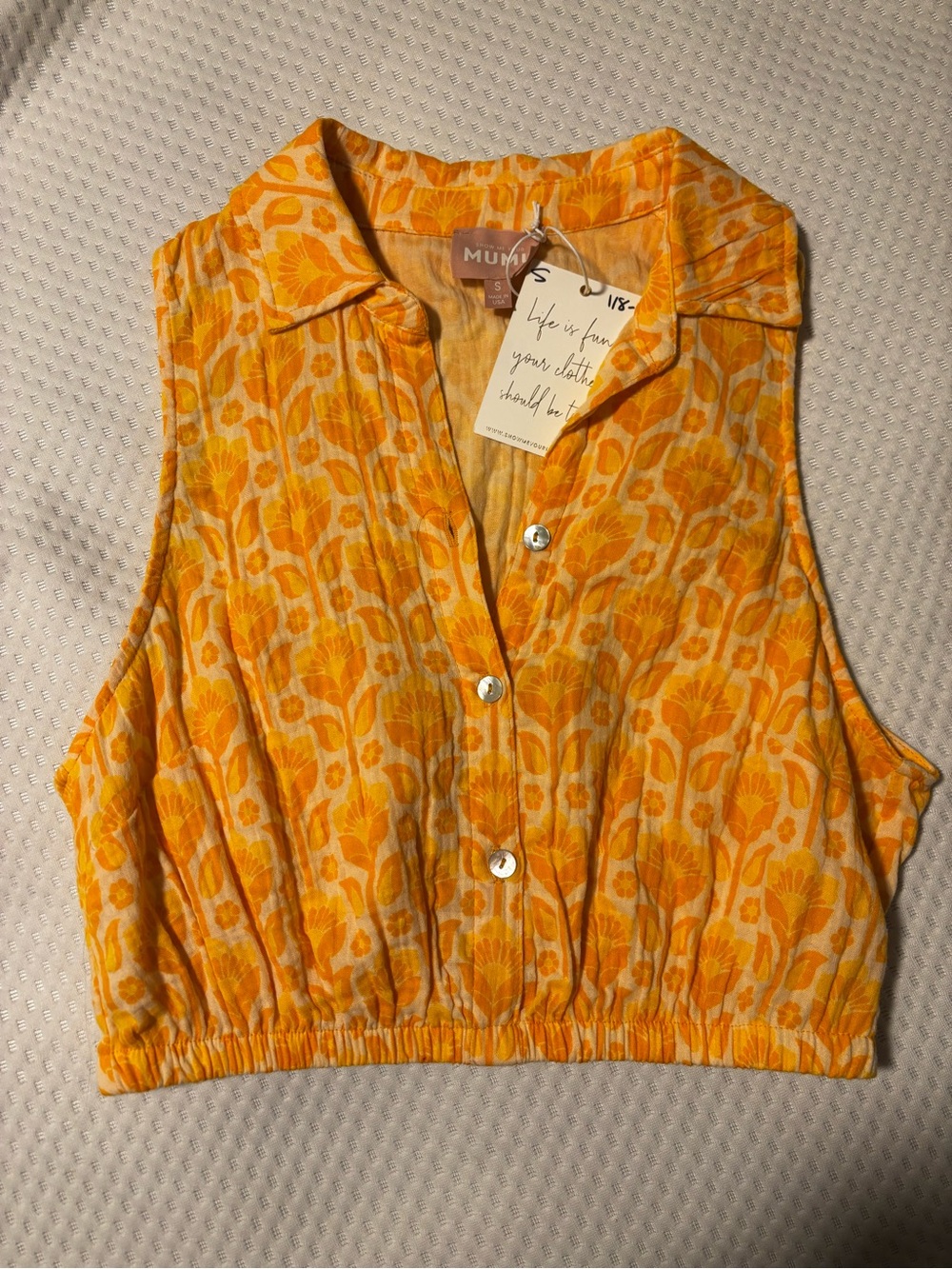 Show Me Your MuMu Yellow Floral Sleeveless Crop Button Top